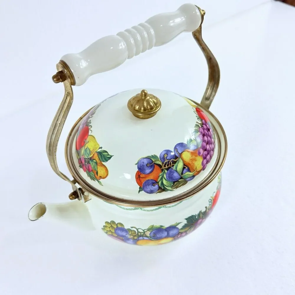 Vintage Cornucopia Enamelware Tea Kettle Pot Fruit Motif Ceramic Handle Taiwan